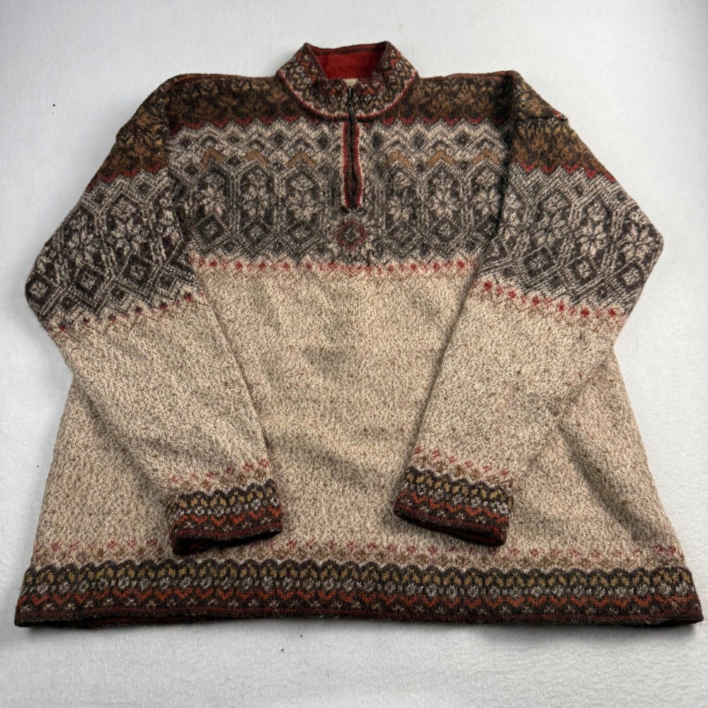 Intiwara Womens XL Fair Isle Quarter Zip Sweater Brown Tan Geometric Pullover